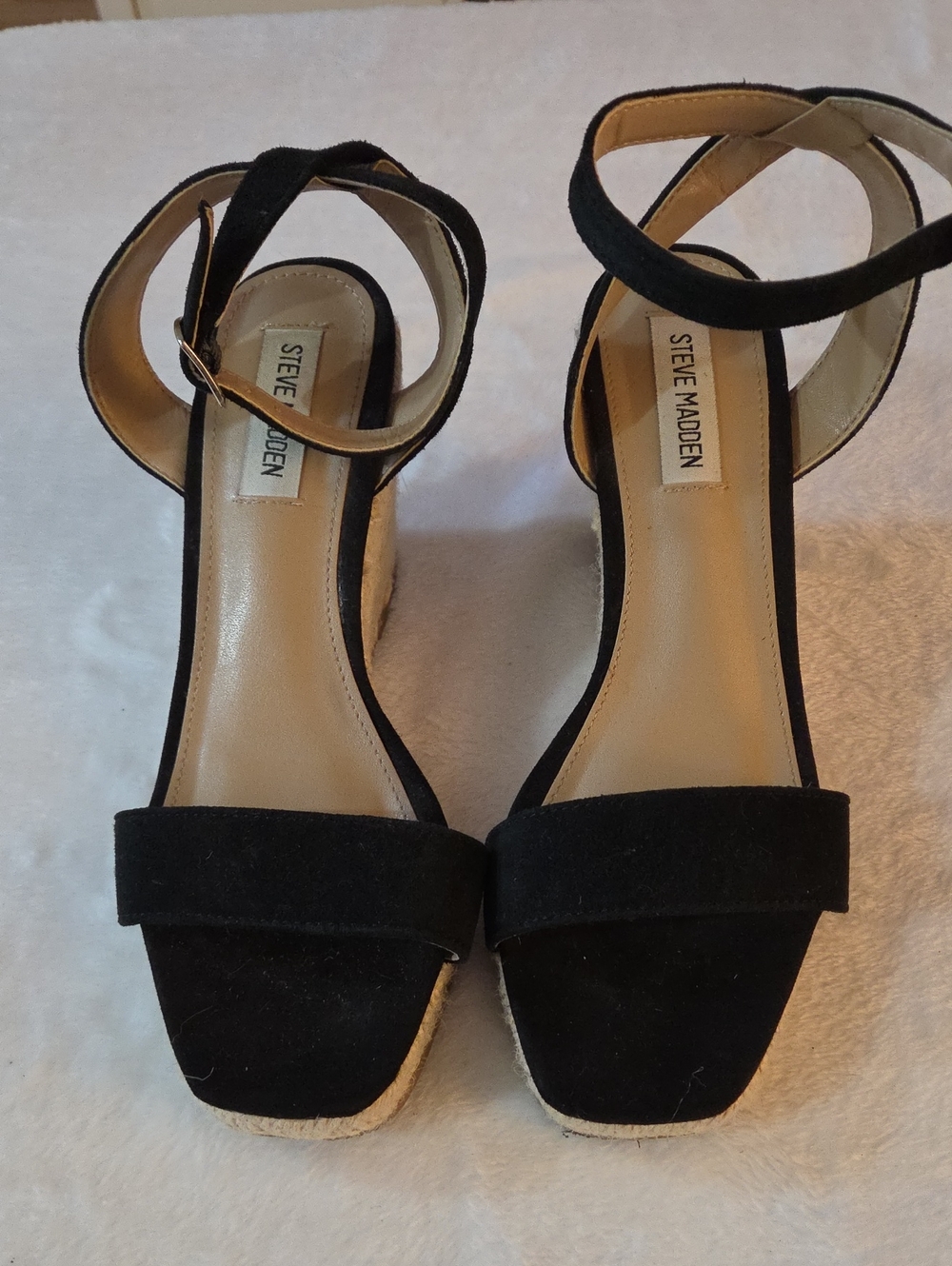 Steve Madden Black Suede Ankle-Strap Espadrille Wedges